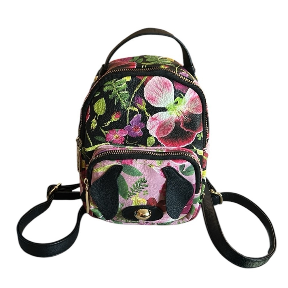Betsy Johnson Mini Backpack Floral Dog Ears and Nose with Goldtone Trim